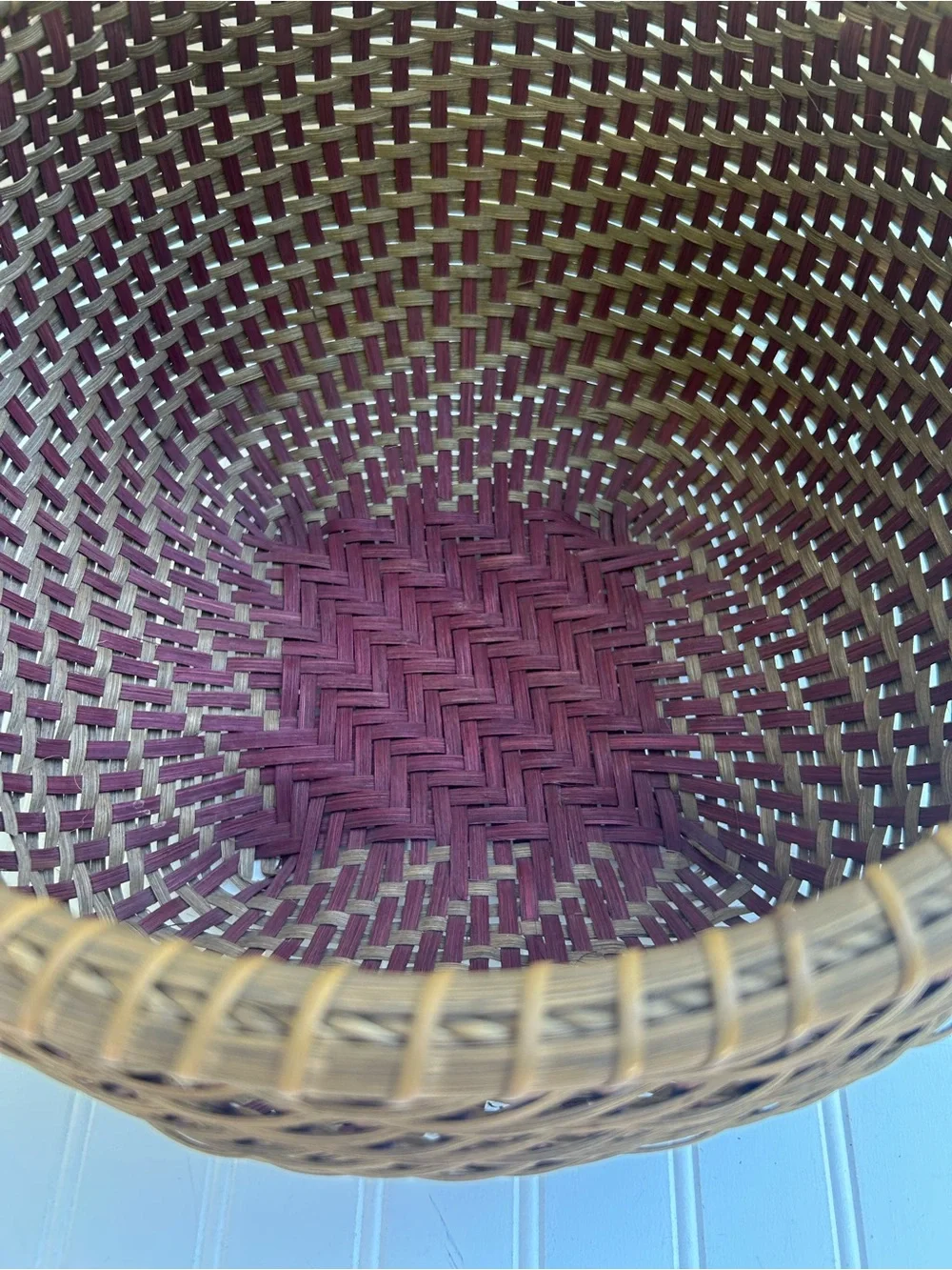 Vintage Basket Hand Woven Round Decorative Storage Brown Red Accents  9x14